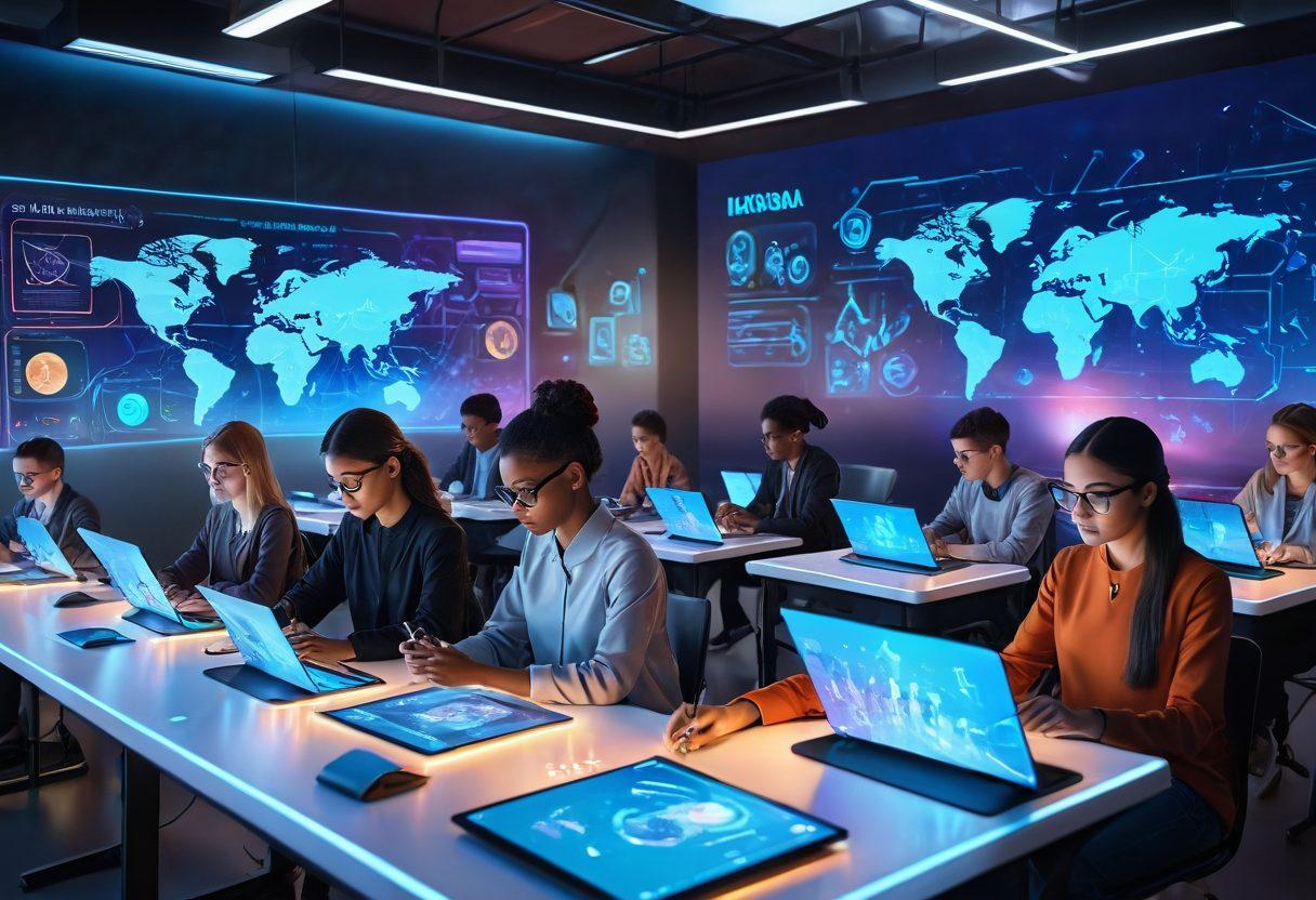 A vibrant futuristic classroom with diverse students engaging in online learning through holographic tablets, with a professor appearing as a hologram. Surrounding the scene, symbols of INSA and cutting-edge technology. Bright, dynamic colors conveying innovation and global connectivity. digital art. vibrant colors.