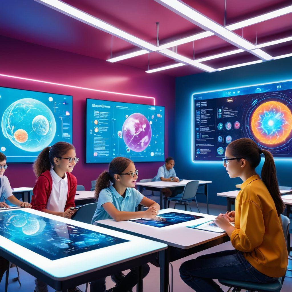 A futuristic classroom setting at INSA, with diverse students engaged in interactive STEM activities using advanced web applications on sleek tablets and smartboards. The room is bright and modern, featuring dynamic holographic displays of scientific concepts and equations floating around. Show expressions of curiosity and excitement on the students' faces. super-realistic. vibrant colors.