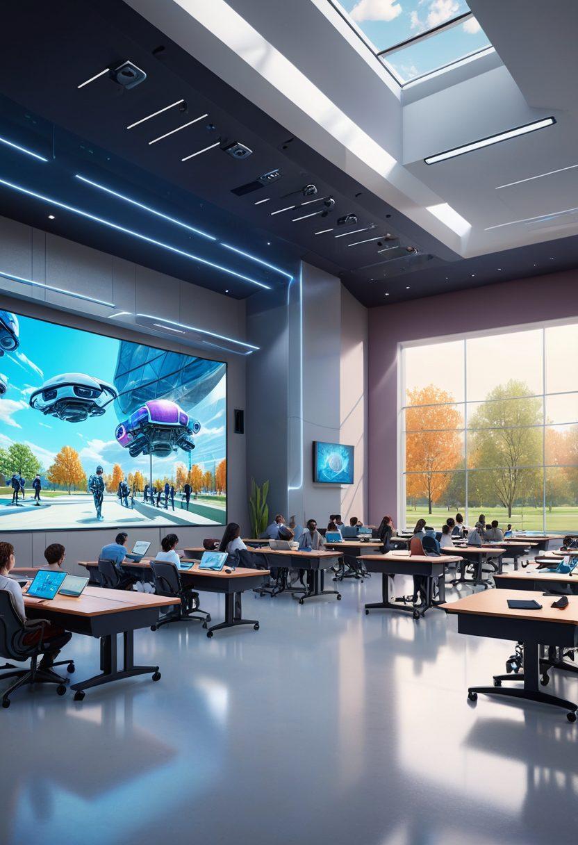 A futuristic university campus with sleek, modern architecture, showcasing students using augmented reality glasses, advanced holographic displays, and collaborative robots in a bright, dynamic lecture hall. Include diverse students engaging with innovative tech in an immersive learning environment. super-realistic. vibrant colors.